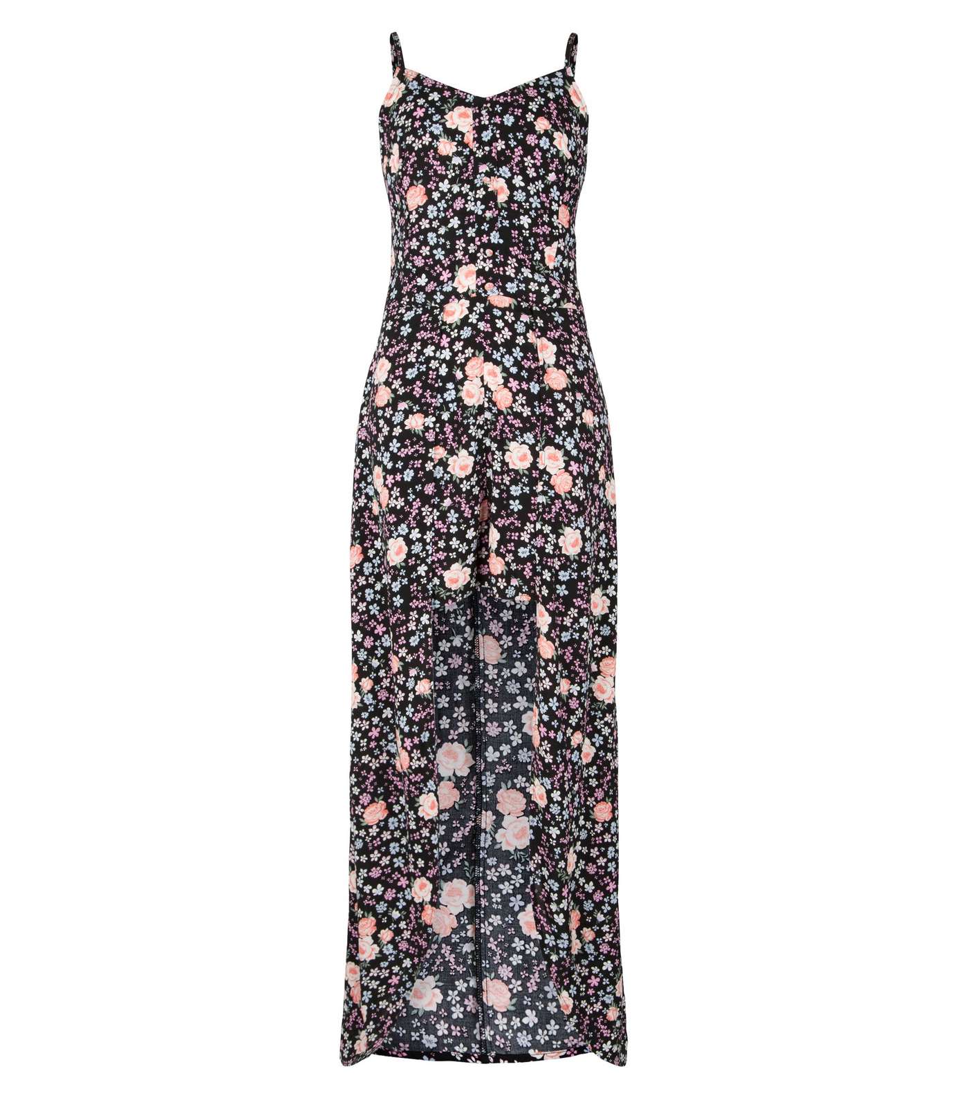 Girls Black Ditsy Floral Maxi Playsuit Image 3