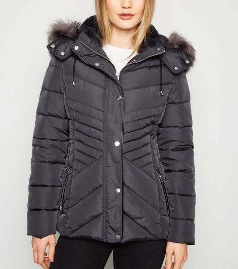 Dark Grey Faux Fur Trim Fitted Puffer Jacket