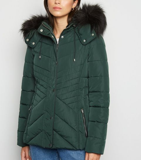 Dark Green Faux Fur Trim Fitted Puffer Jacket