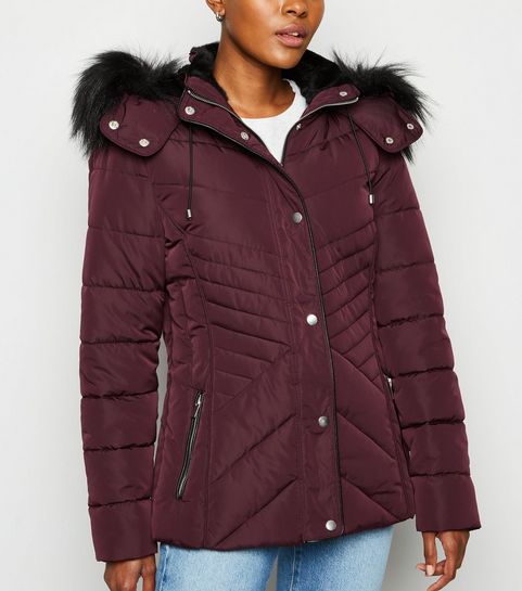 Burgundy Faux Fur Trim Fitted Puffer Jacket