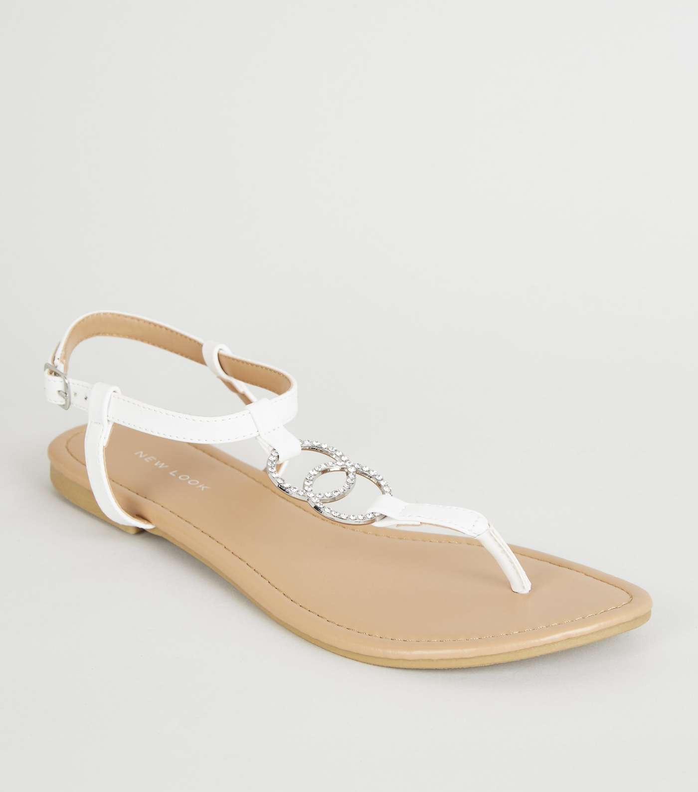 White Leather-Look Diamanté Ring Flat Sandals