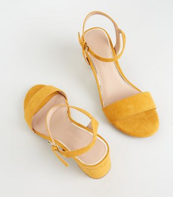 Wide Fit Mustard Suedette Block Heel Sandals New Look