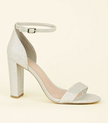 silver glitter low block heels