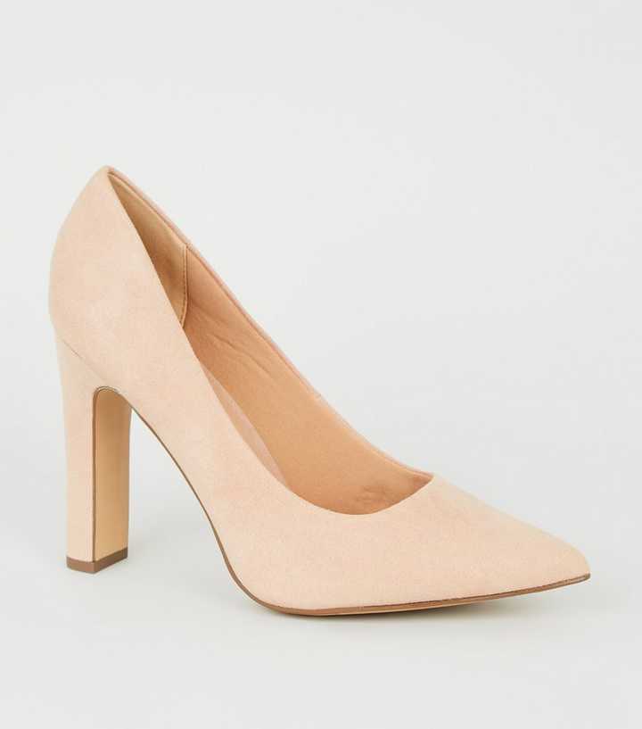 Wide Fit Pale Pink Suedette Block Heel Courts