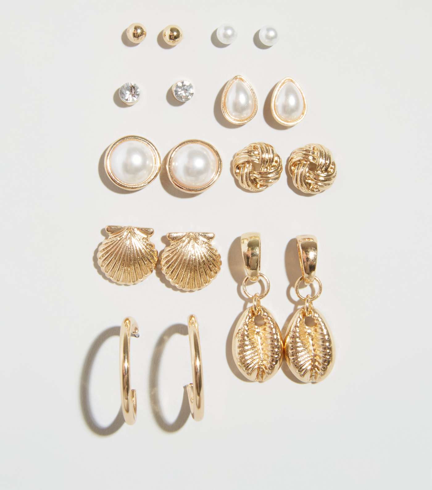 9 Pack Gold Faux Shell and Pearl Stud Earrings