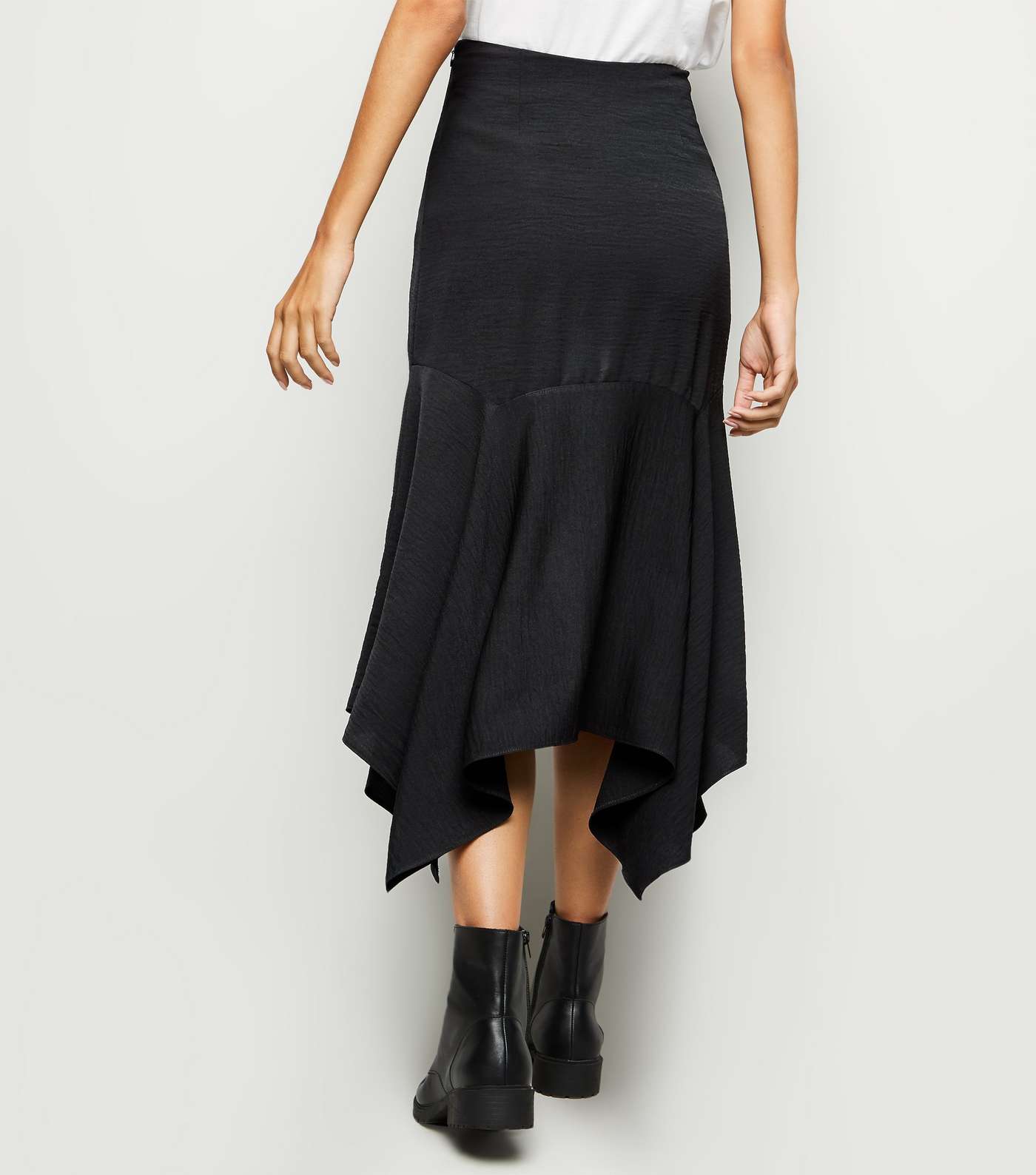 Black Satin Hanky Hem Midi Skirt Image 3