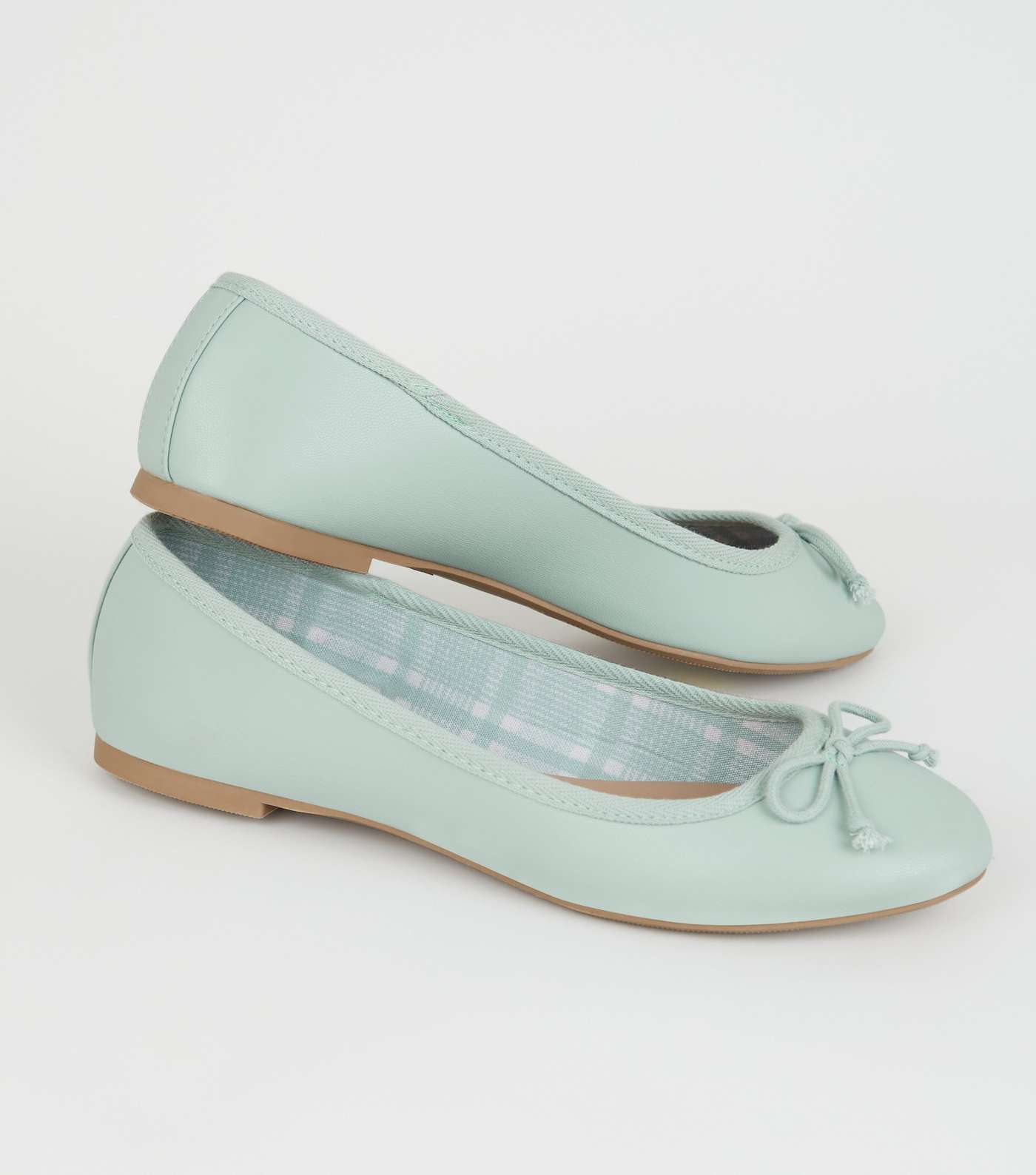 Mint Green Leather-Look Check Lined Ballet Pumps Image 3