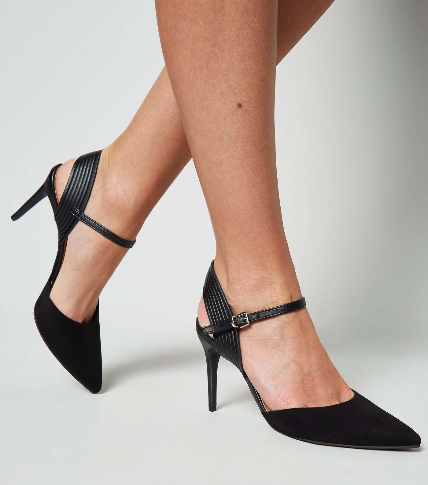 Black Suedette Piped Stiletto Court Shoes Image 2