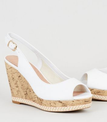 White Comfort Leather-Look Cork Wedges 