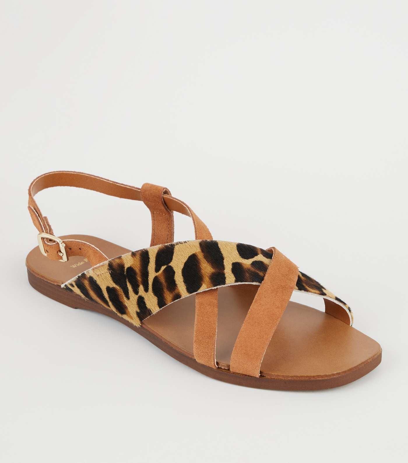 Wide Fit Tan Leather Leopard Print Strap Sandals