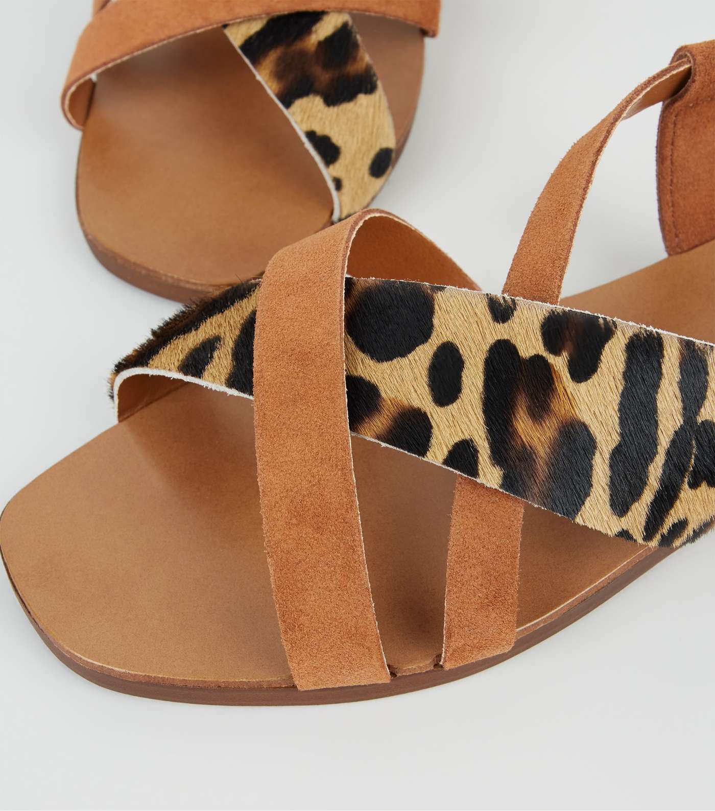 Wide Fit Tan Leather Leopard Print Strap Sandals Image 3