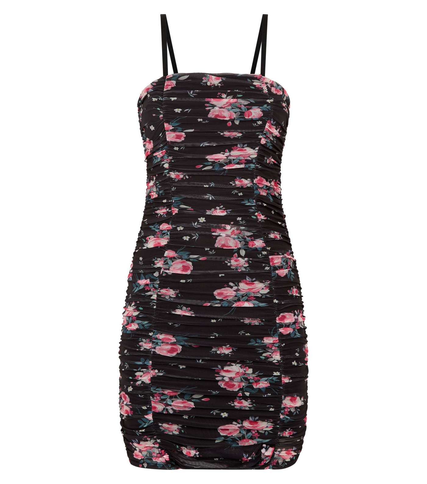 Black Floral Mesh Ruched Bodycon Dress  Image 4
