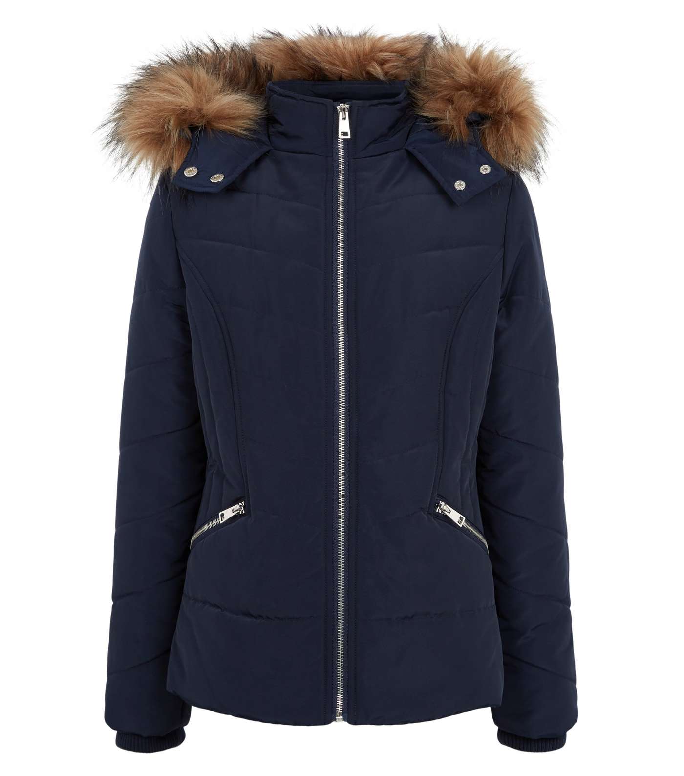 Girls Navy Faux Fur Trim Fitted Puffer Coat Image 4