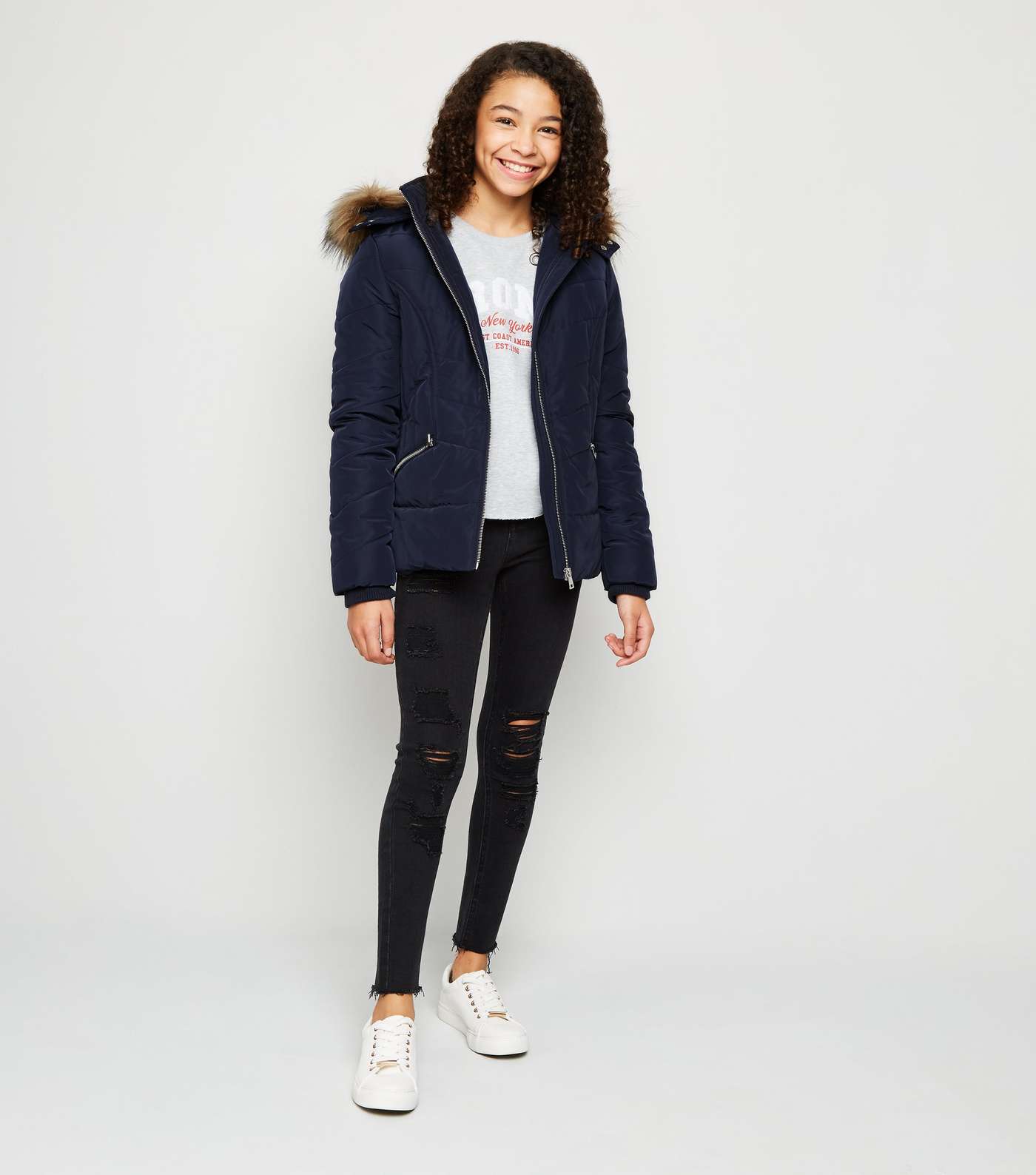 Girls Navy Faux Fur Trim Fitted Puffer Coat Image 2