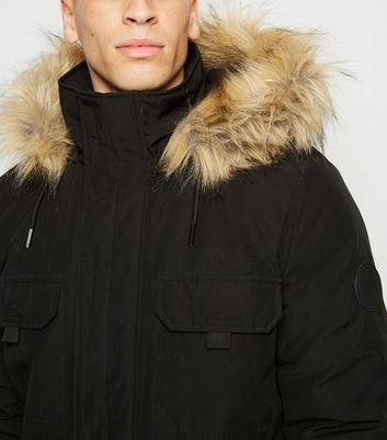 mens black parka coat with fur hood