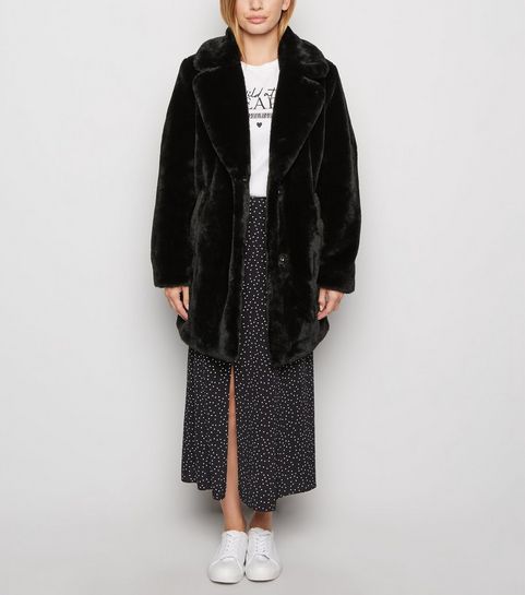 Petite Black Faux Fur Longline Coat