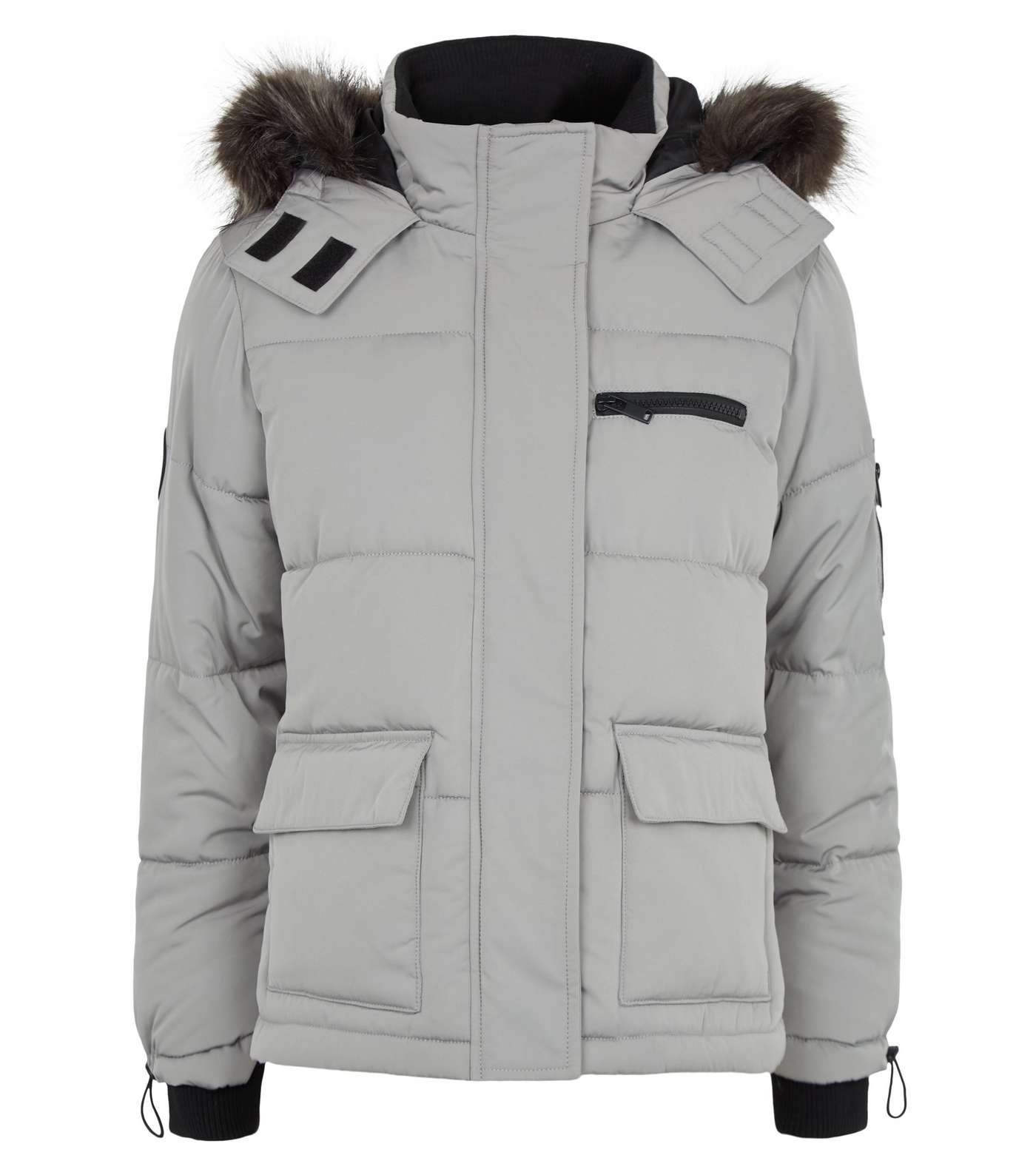 Petite Pale Grey Faux Fur Trim Puffer Jacket Image 4