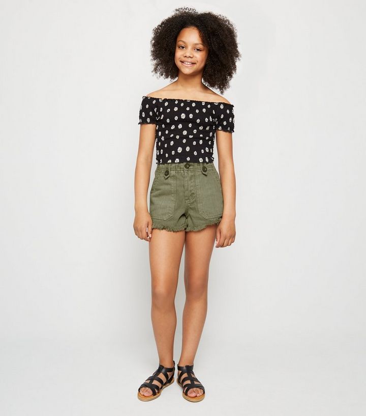 Girls Khaki Denim Utility Shorts New Look