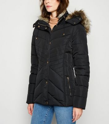 fitted puffer jacket with fur hood