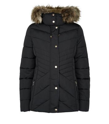 Black faux fur cheap hood fitted puffer jacket