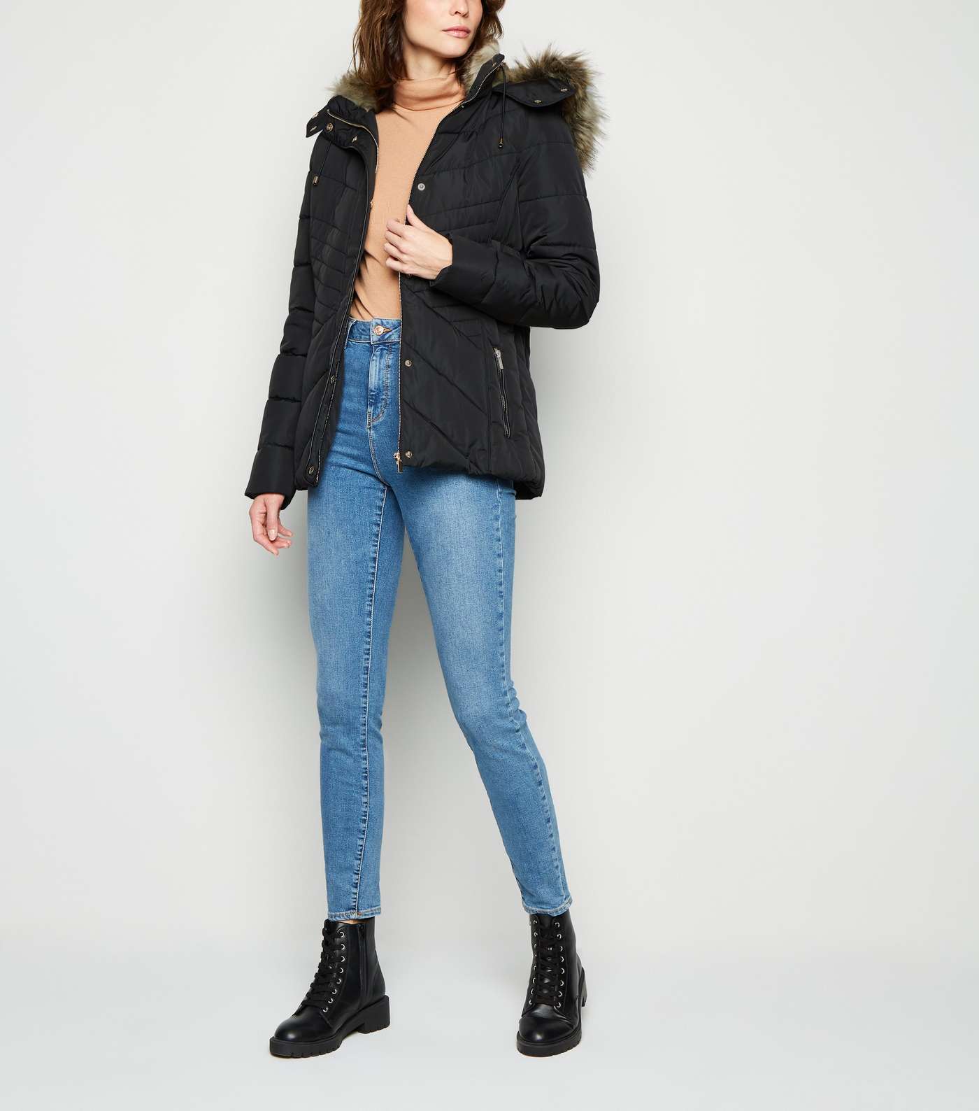 Tall Black Faux Fur Trim Fitted Puffer Jacket Image 2