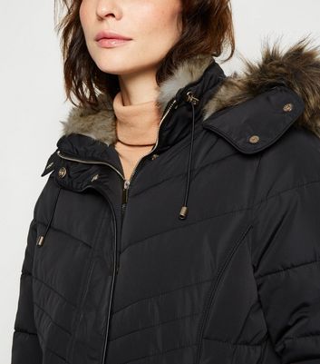 black faux fur hem fitted padded coat