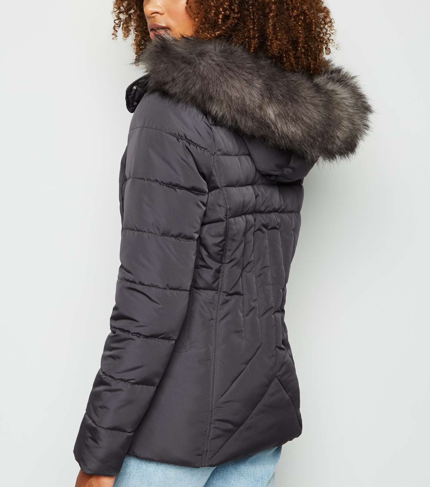 Tall Dark Grey Faux Fur Trim Fitted Puffer Jacket Image 3