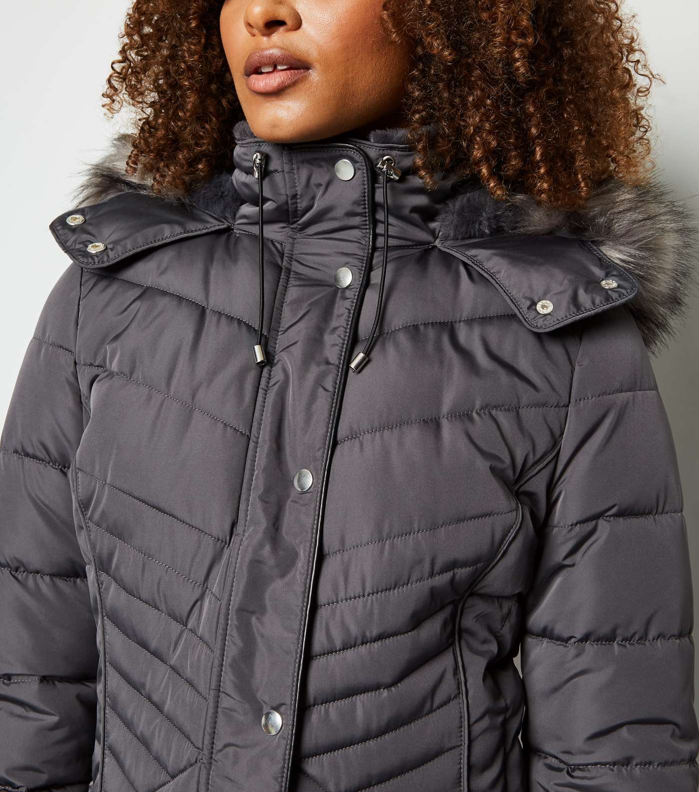 Tall Dark Grey Faux Fur Trim Fitted Puffer Jacket Image 5