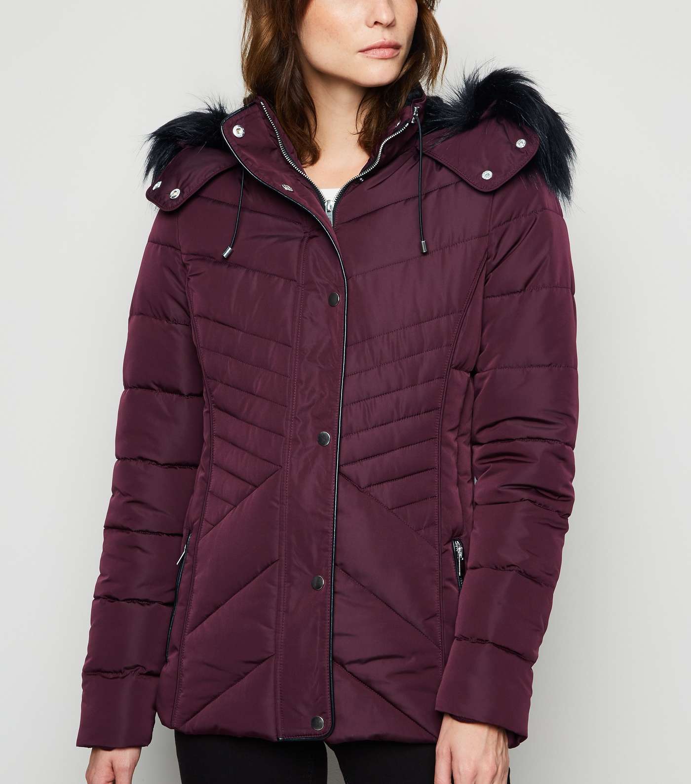 Tall Burgundy Faux Fur Trim Fitted Puffer Jacket