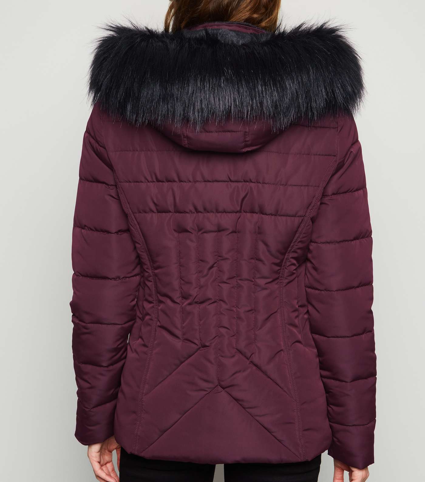 Tall Burgundy Faux Fur Trim Fitted Puffer Jacket Image 3