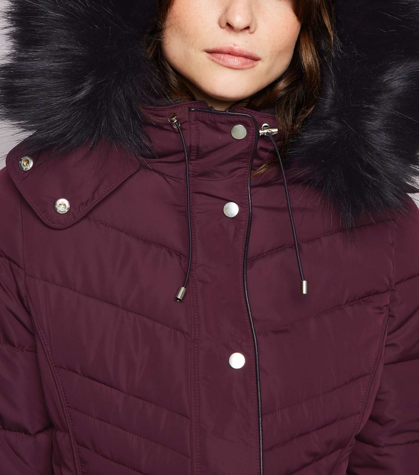 Tall Burgundy Faux Fur Trim Fitted Puffer Jacket Image 5