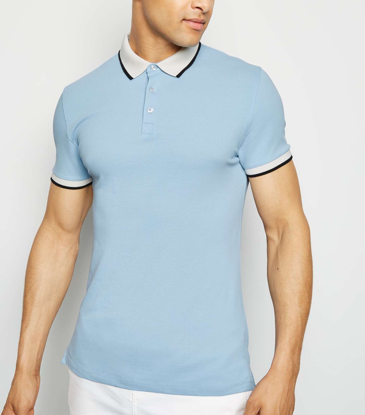 Pale Blue Tipped Muscle Fit Polo Shirt