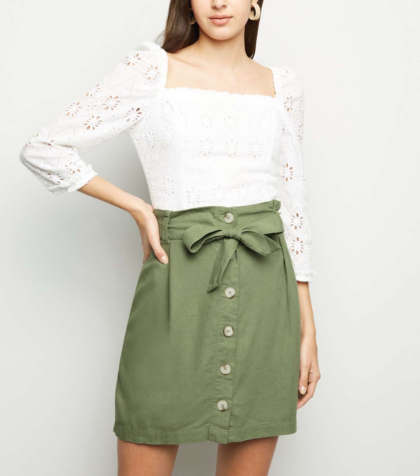 Olive Linen Blend High Waist Mini Skirt