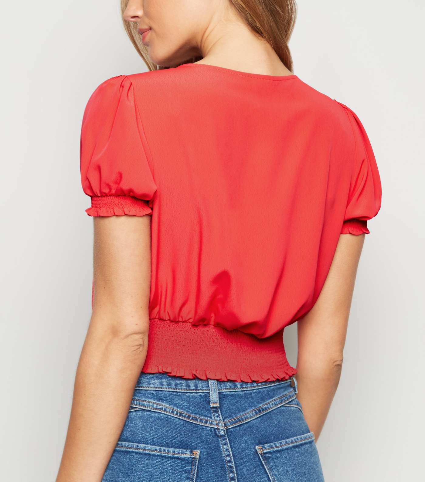 Red Shirred Waist Button Up Blouse Image 3