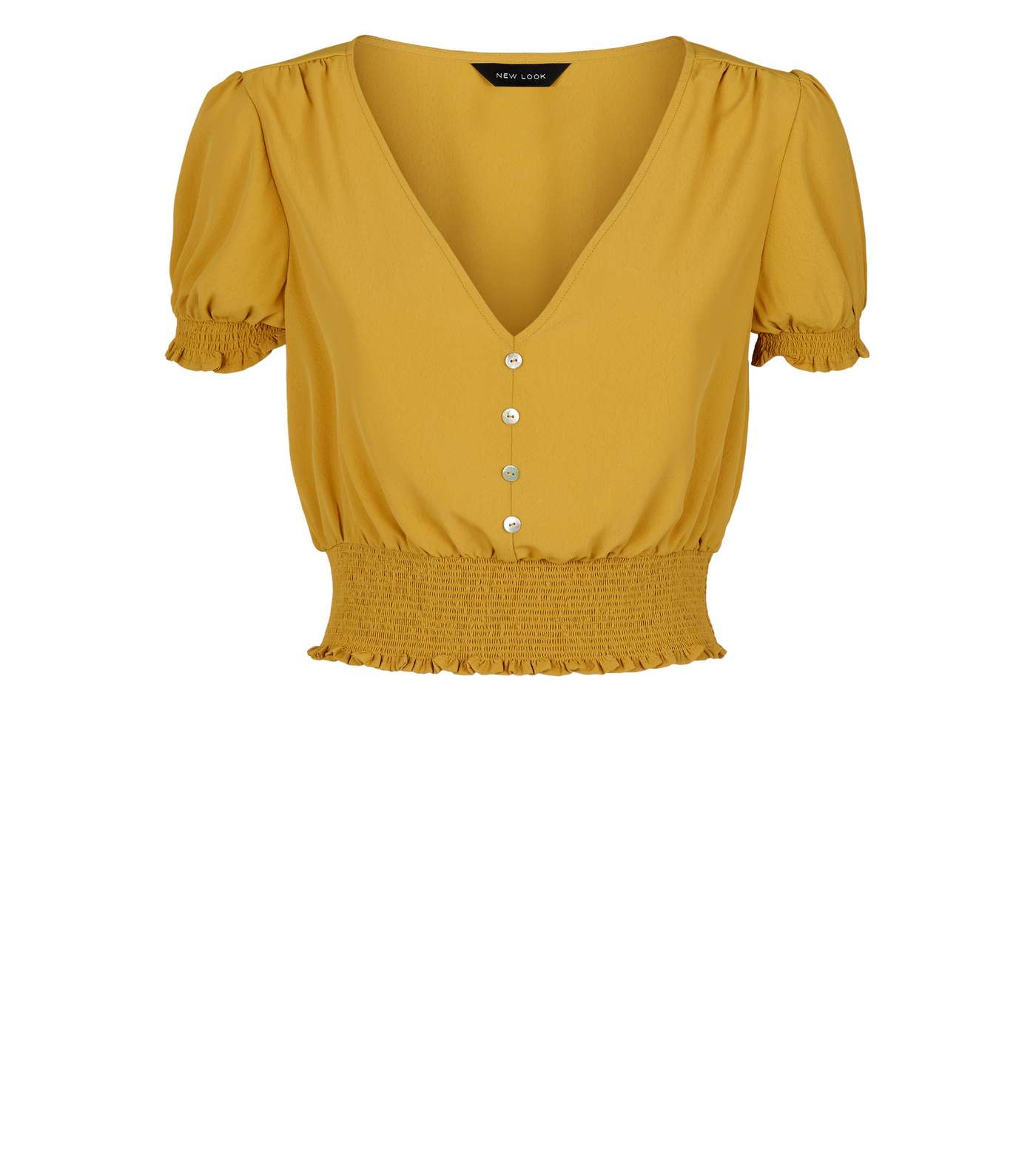 Yellow Shirred Waist Button Up Crop Blouse Image 4