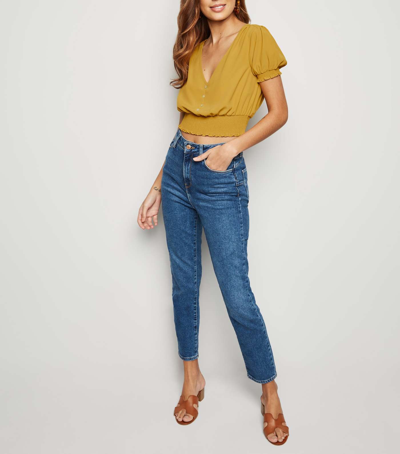 Yellow Shirred Waist Button Up Crop Blouse Image 2