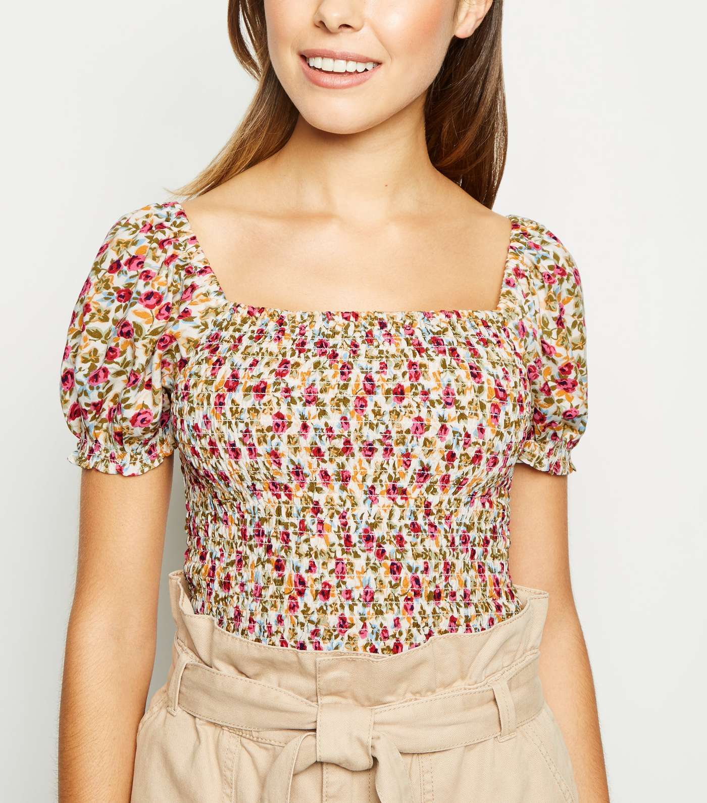 White Floral Shirred Square Neck Top