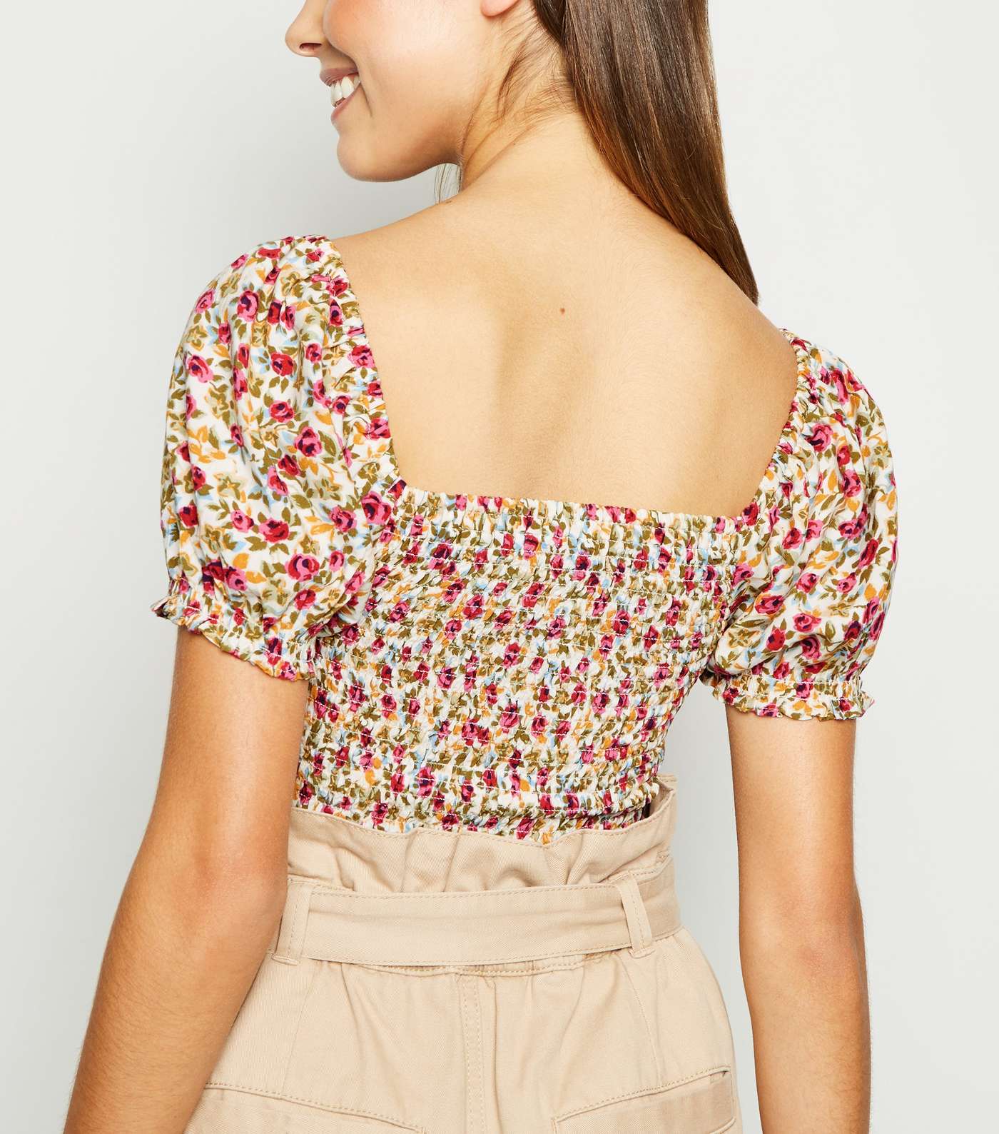 White Floral Shirred Square Neck Top Image 3