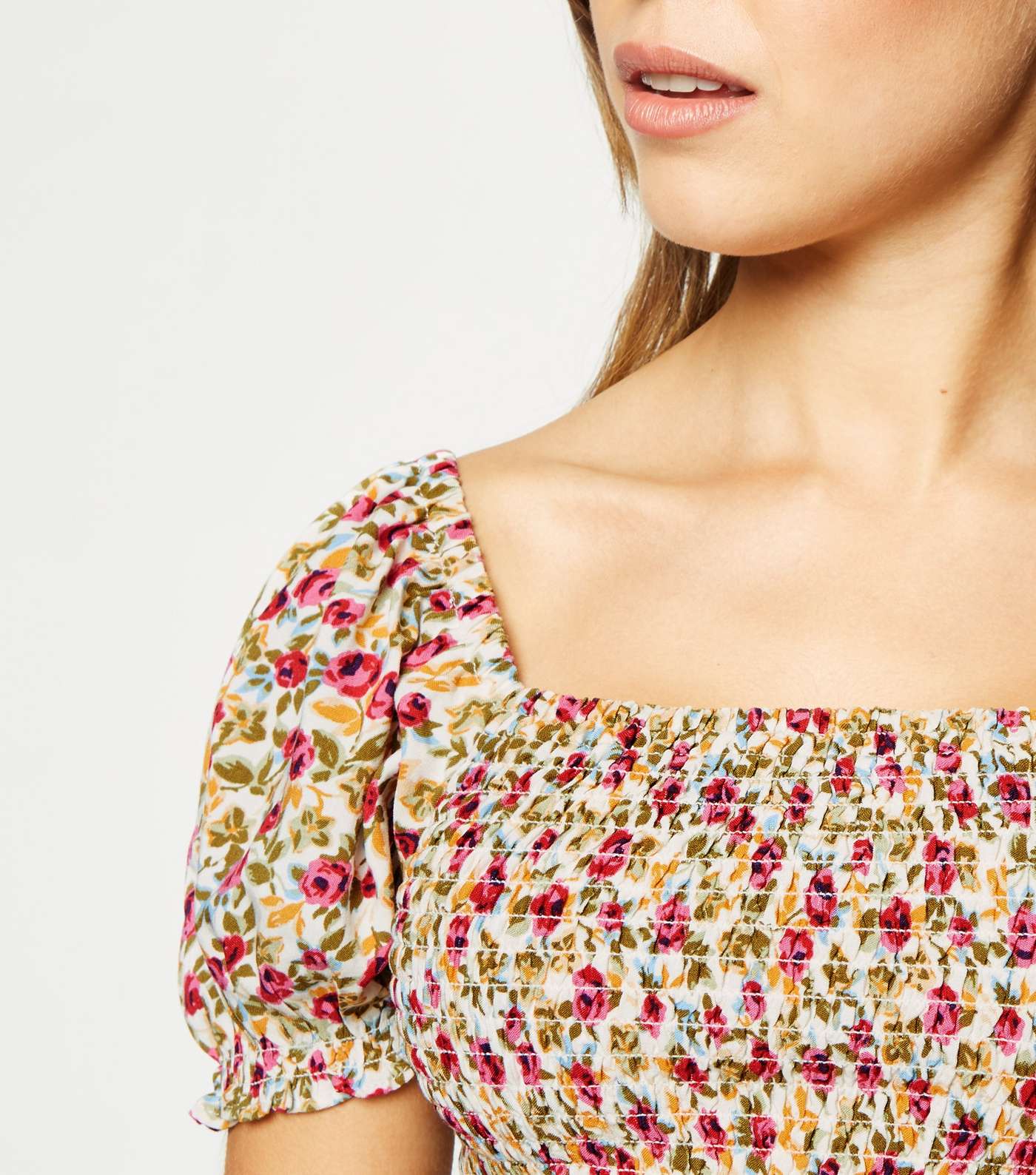 White Floral Shirred Square Neck Top Image 5