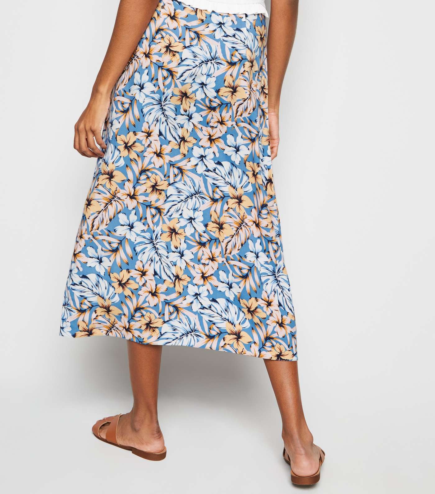Blue Tropical Floral Wrap Midi Skirt Image 3