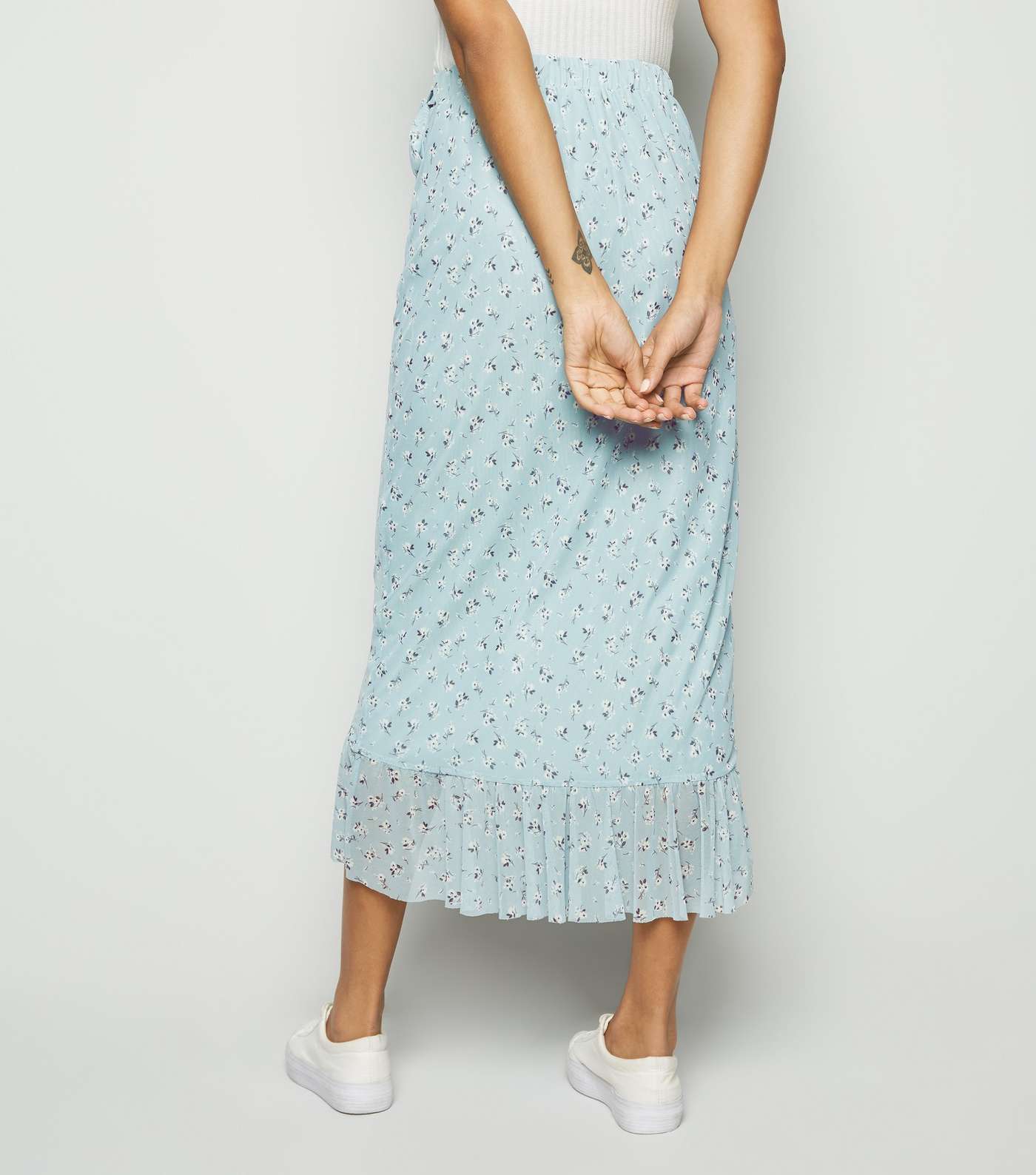 Blue Floral Mesh Frill Wrap Midi Skirt Image 3