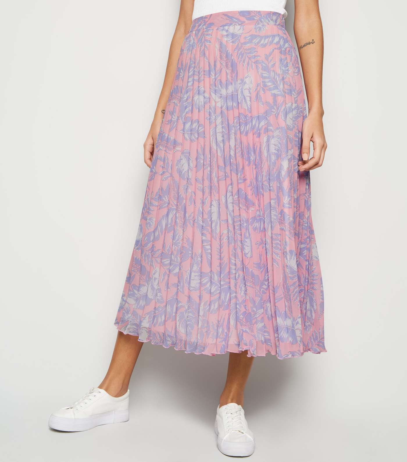 Pink Tropical Pleated Midi Skirt Image 2
