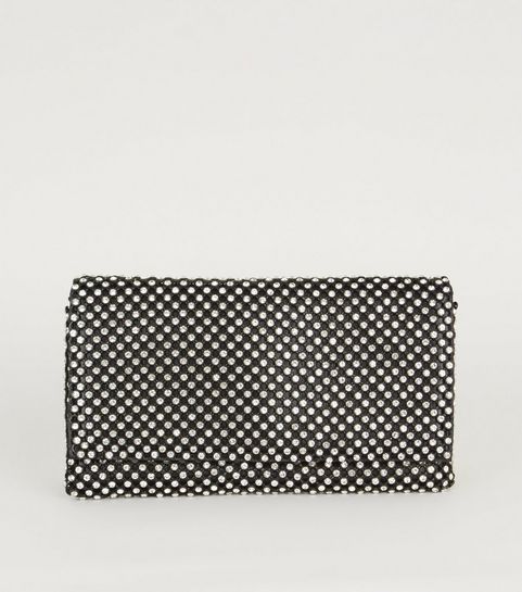 Black Diamanté Foldover Clutch Bag