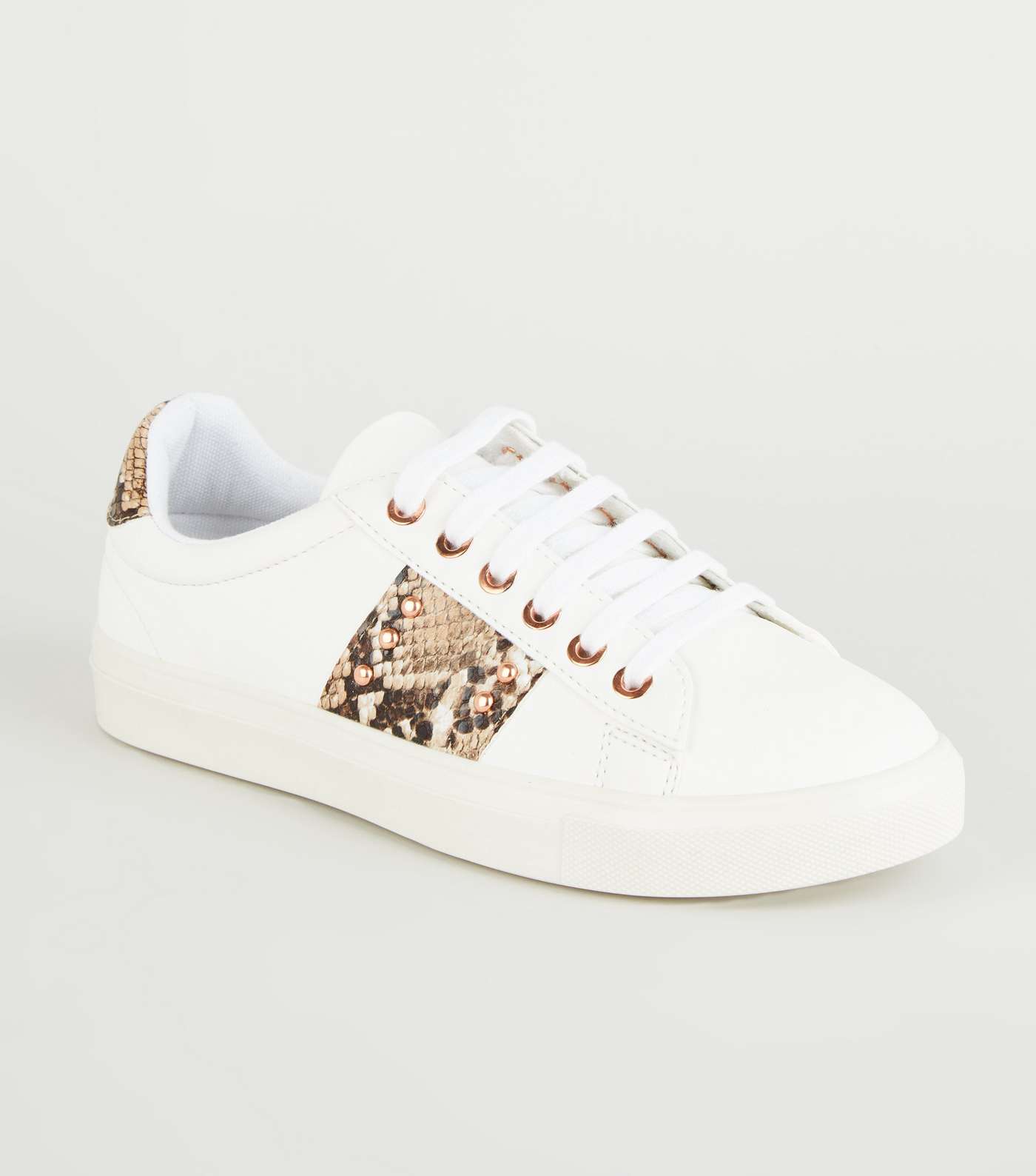 White Faux Snake Panel Lace Up Trainers