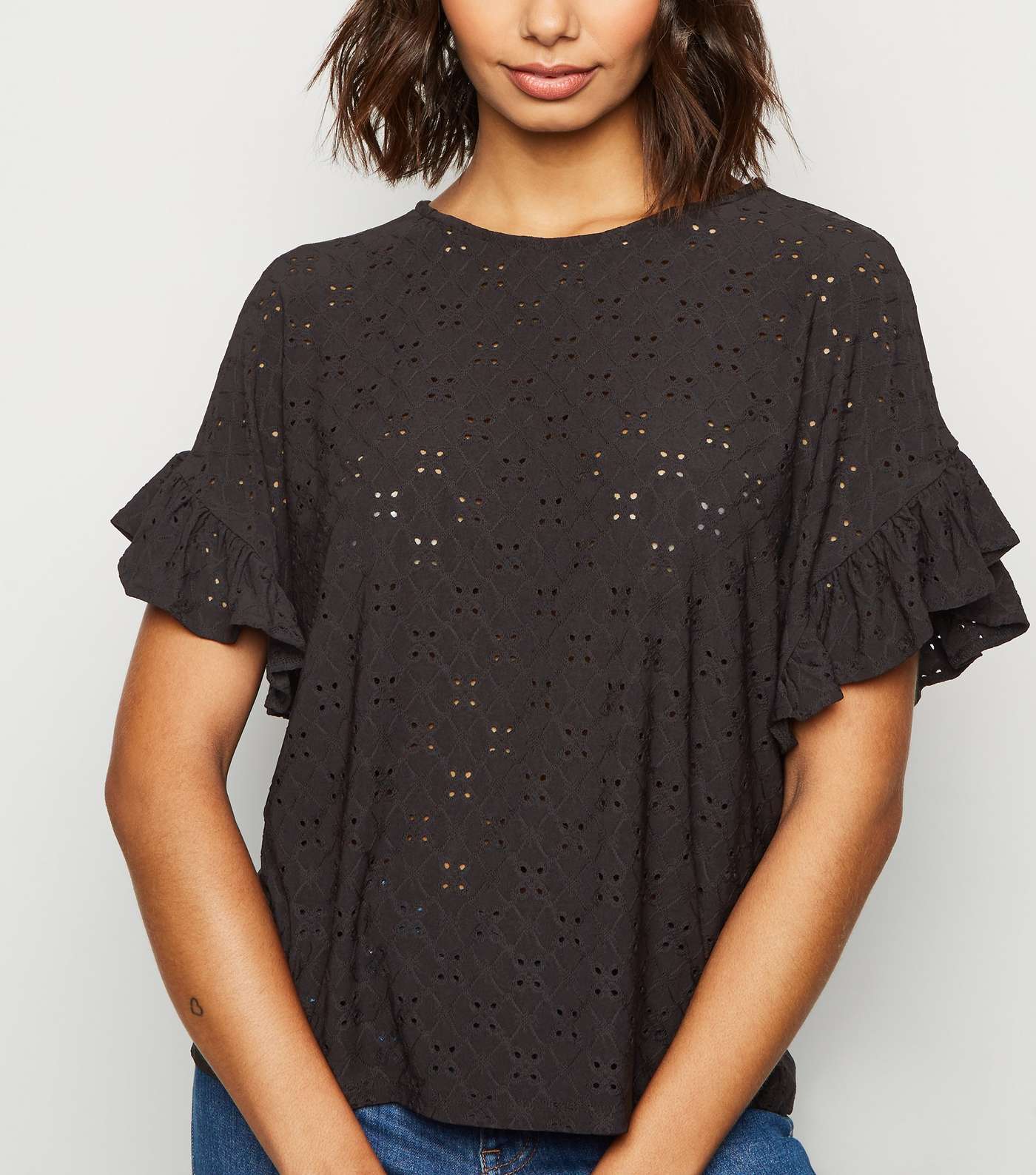 Black Broderie Oversized Frill Sleeve Top
