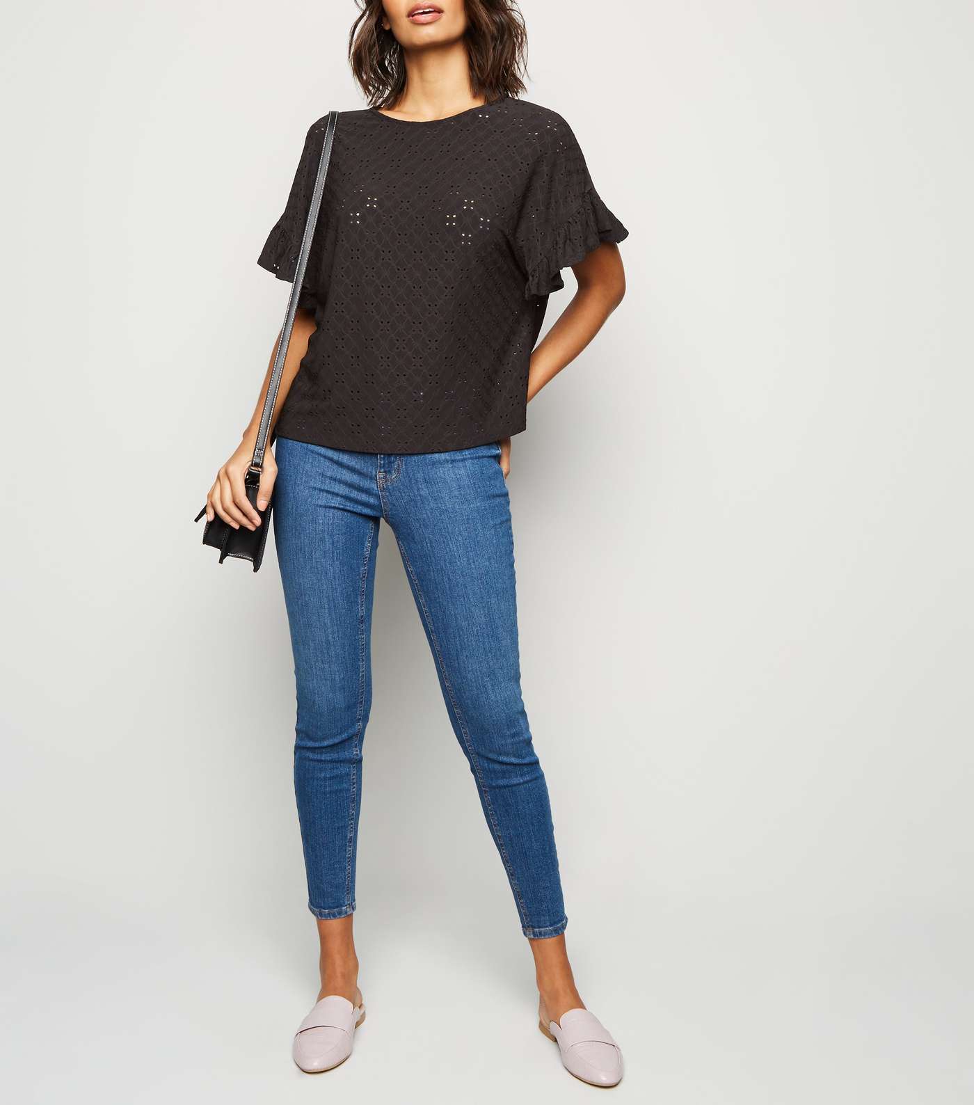 Black Broderie Oversized Frill Sleeve Top Image 3