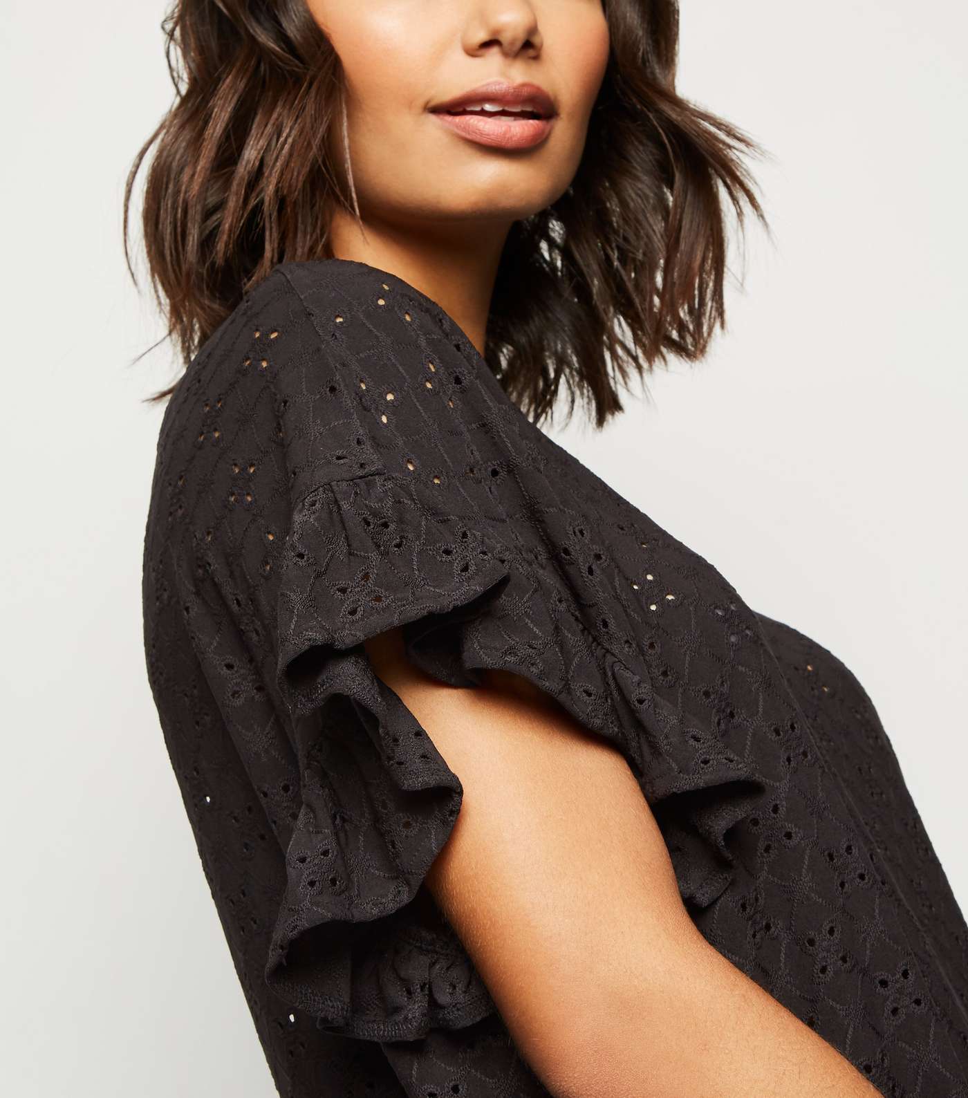 Black Broderie Oversized Frill Sleeve Top Image 5