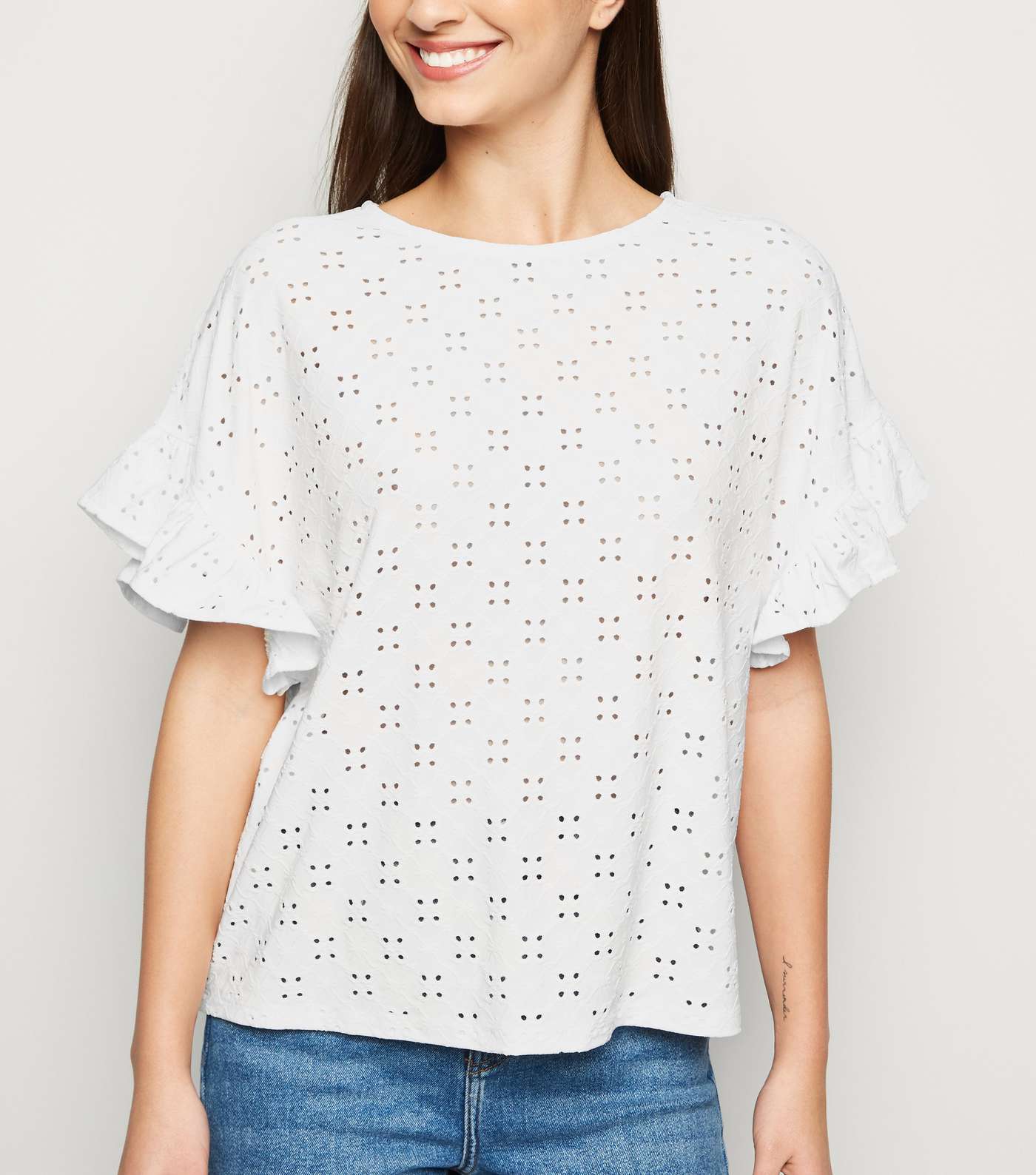 White Broderie Oversized Frill Sleeve Top