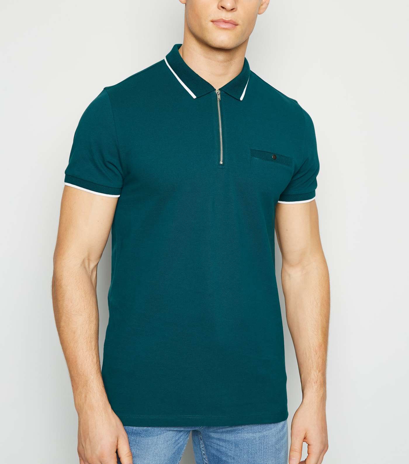 Teal Tipped Zip Front Polo Shirt