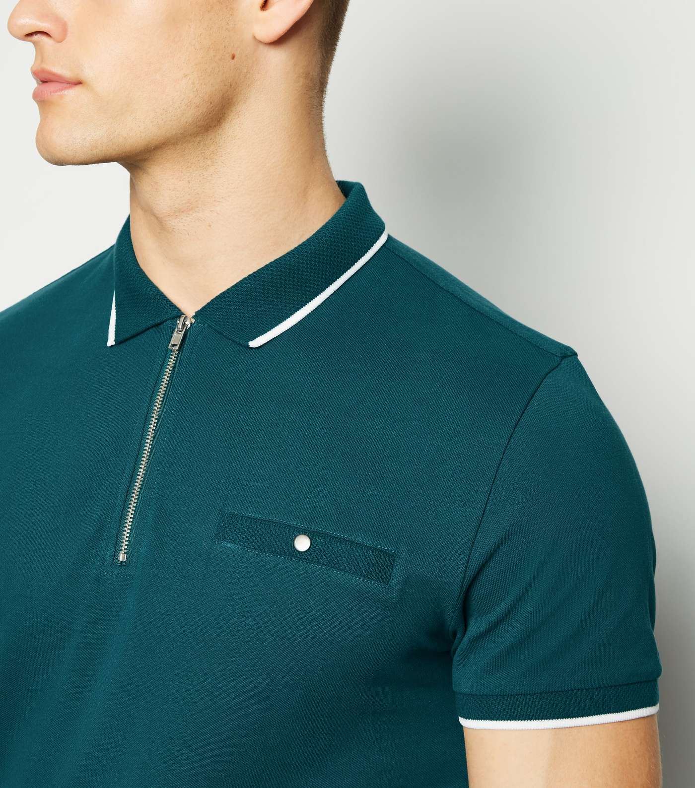 Teal Tipped Zip Front Polo Shirt Image 5